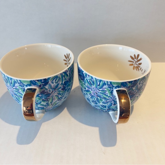 Lilly Pulitzer Coffee Tea Mugs “Lion Around" Blue Floral Gold Trim Cups Set 2 - Picture 4 of 8